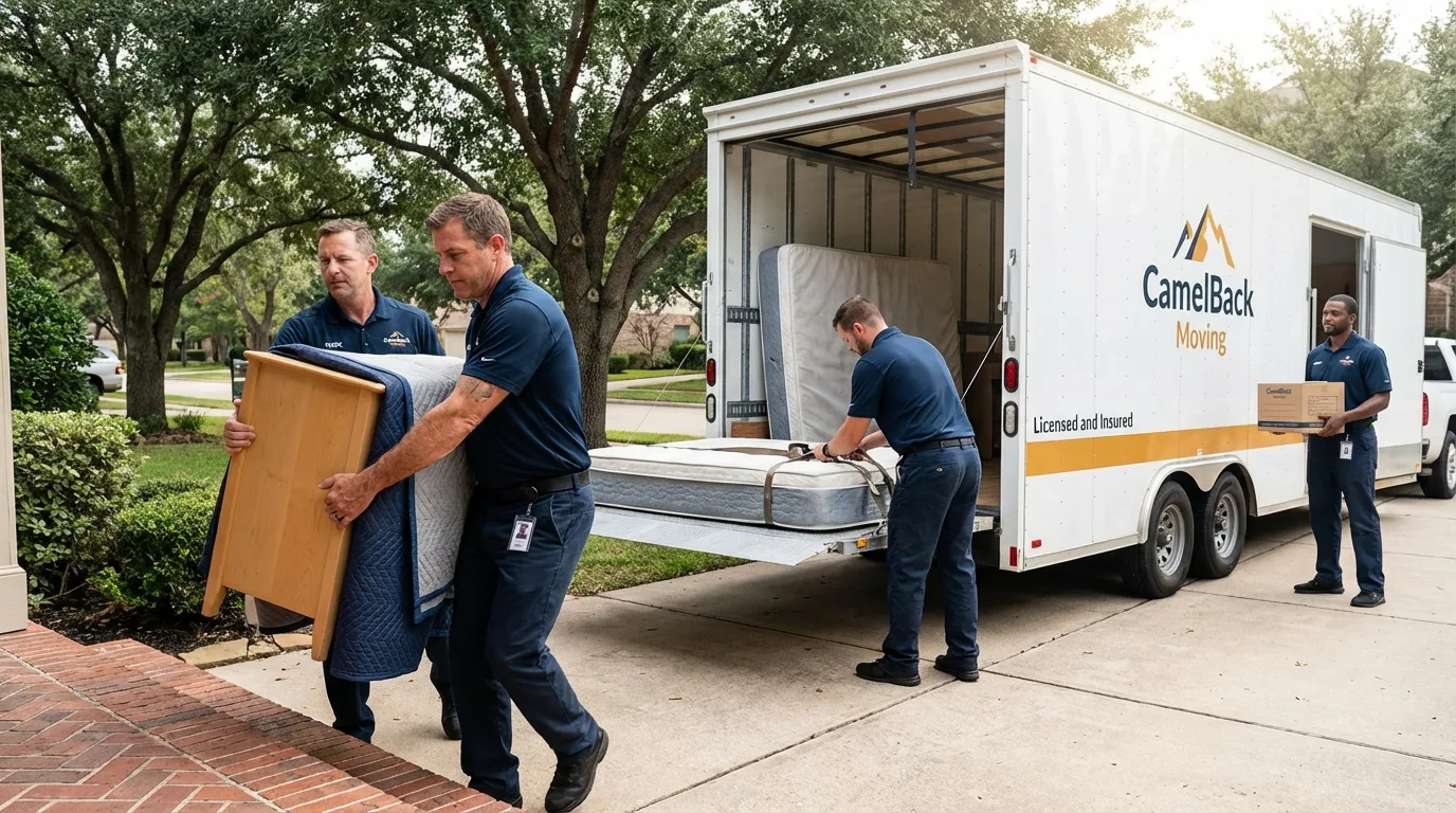 Crew loading residential truck for cross-state move from Newport, OR