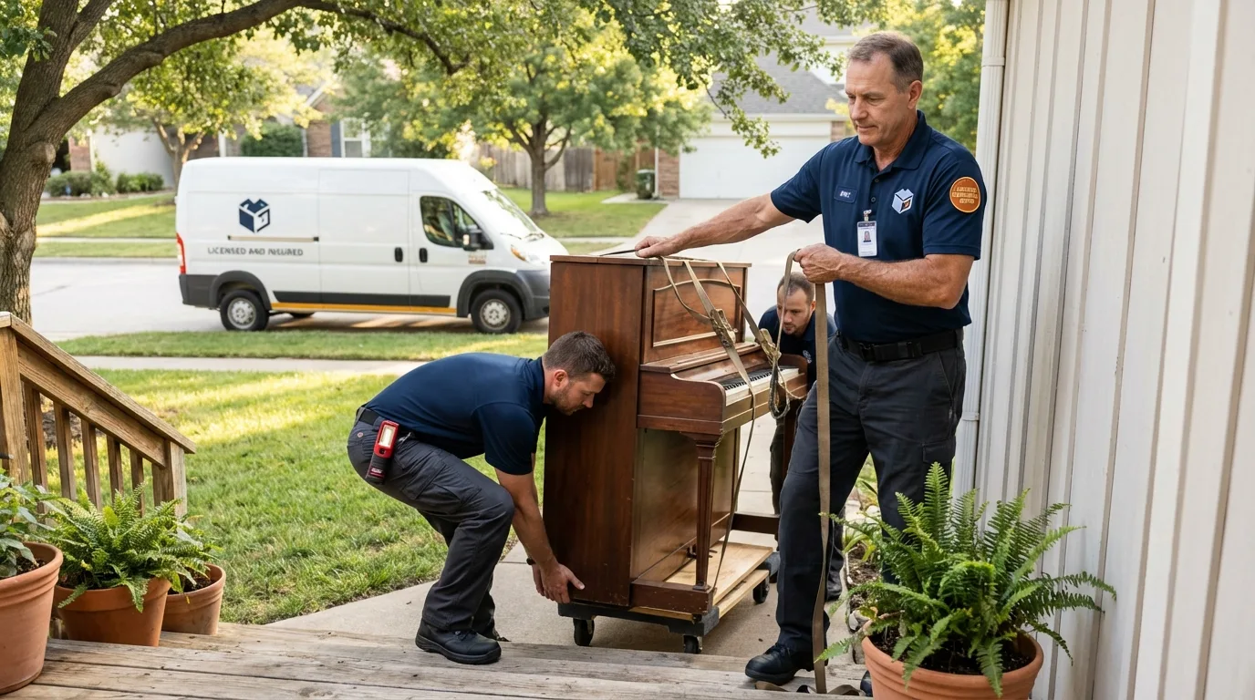 Licensed piano movers securing grand piano in Newport, OR