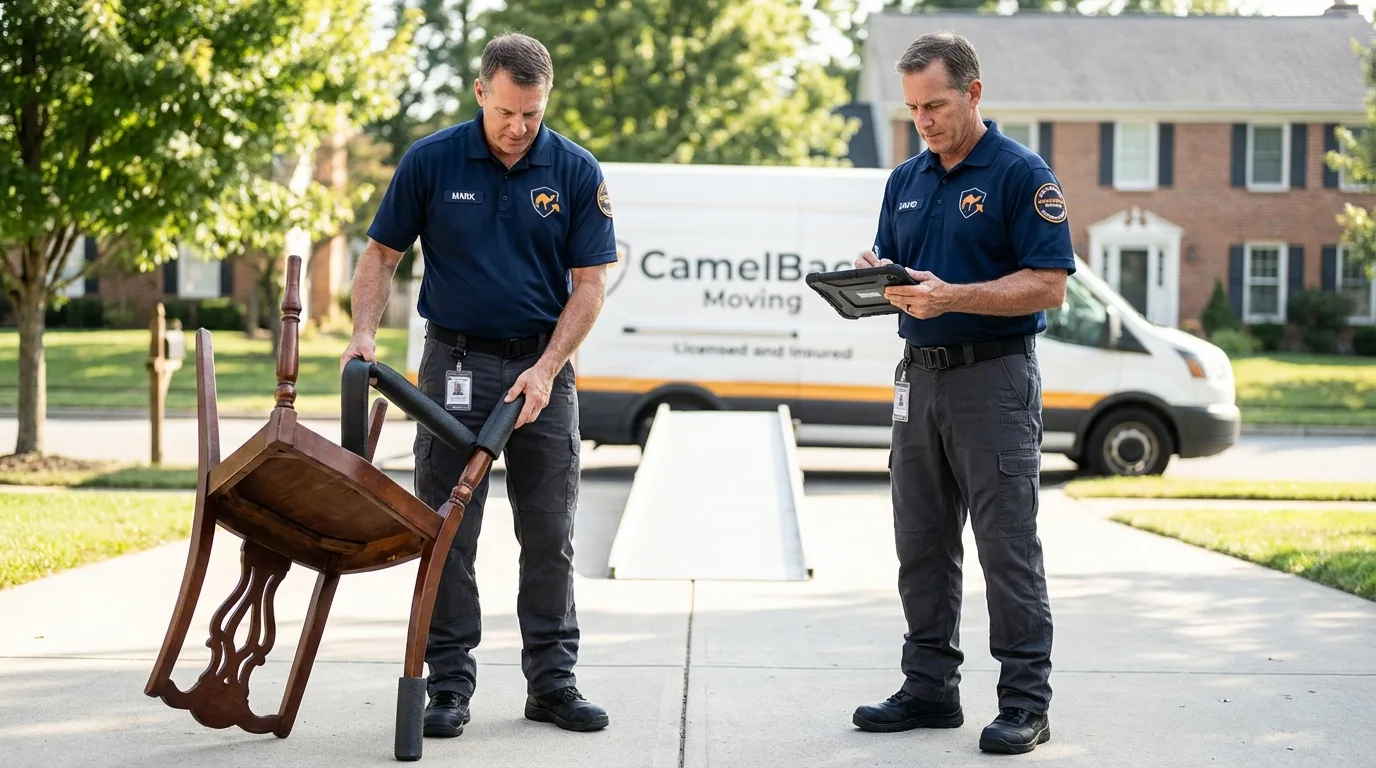 Movers inspecting furniture for damage prevention before loading in Newport, OR
