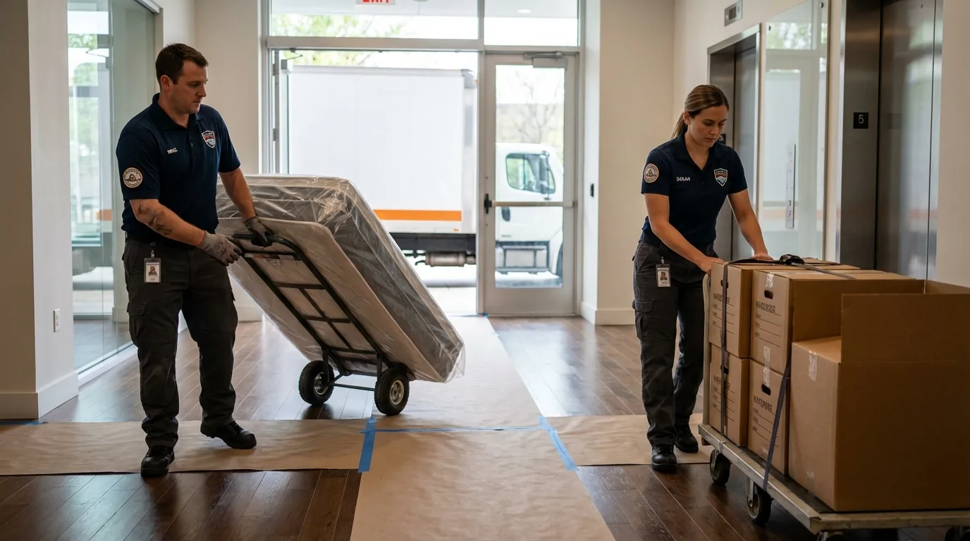 Professional apartment movers loading elevator in Newport, OR